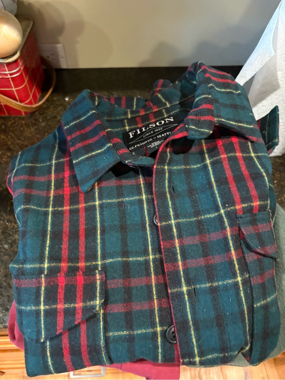 Filson Green Red Plaid Flannel Button-Down Shirt - Picture 2 of 5